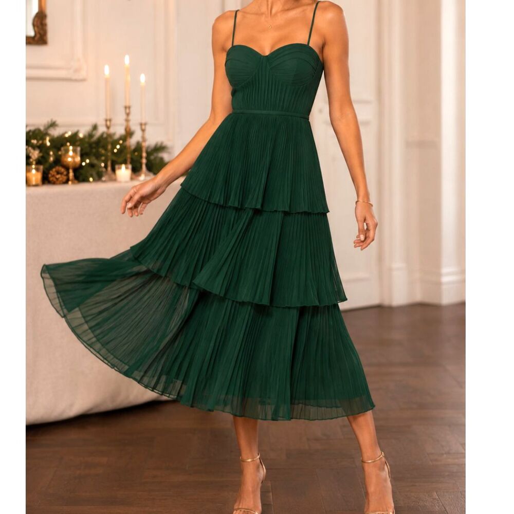 Lulus Cascading Crush Emerald Bustier Tiered Midi Dress S Fall Wedding Guest